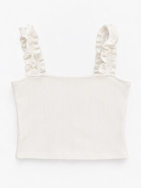 Ruffled Strap Ribbed Crop Top - White